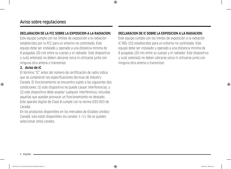 Aviso sobre regulaciones | Samsung 30 Inch Slide-in Dual Fuel Smart Range Owner Manual User Manual | Page 72 / 204