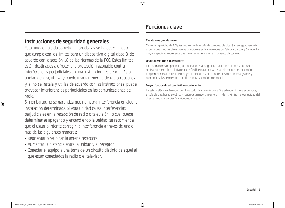 Funciones clave, Instrucciones de seguridad generales | Samsung 30 Inch Slide-in Dual Fuel Smart Range Owner Manual User Manual | Page 73 / 204