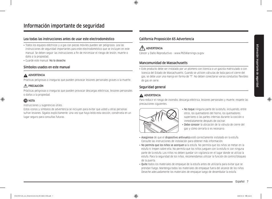 Información importante de seguridad | Samsung 30 Inch Slide-in Dual Fuel Smart Range Owner Manual User Manual | Page 75 / 204