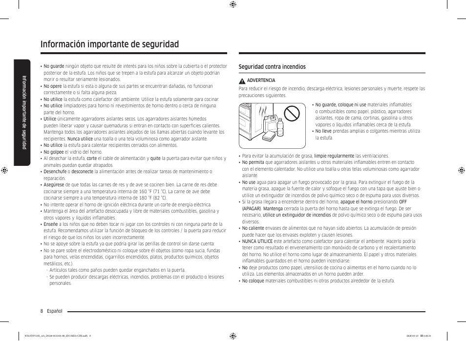 Información importante de seguridad | Samsung 30 Inch Slide-in Dual Fuel Smart Range Owner Manual User Manual | Page 76 / 204