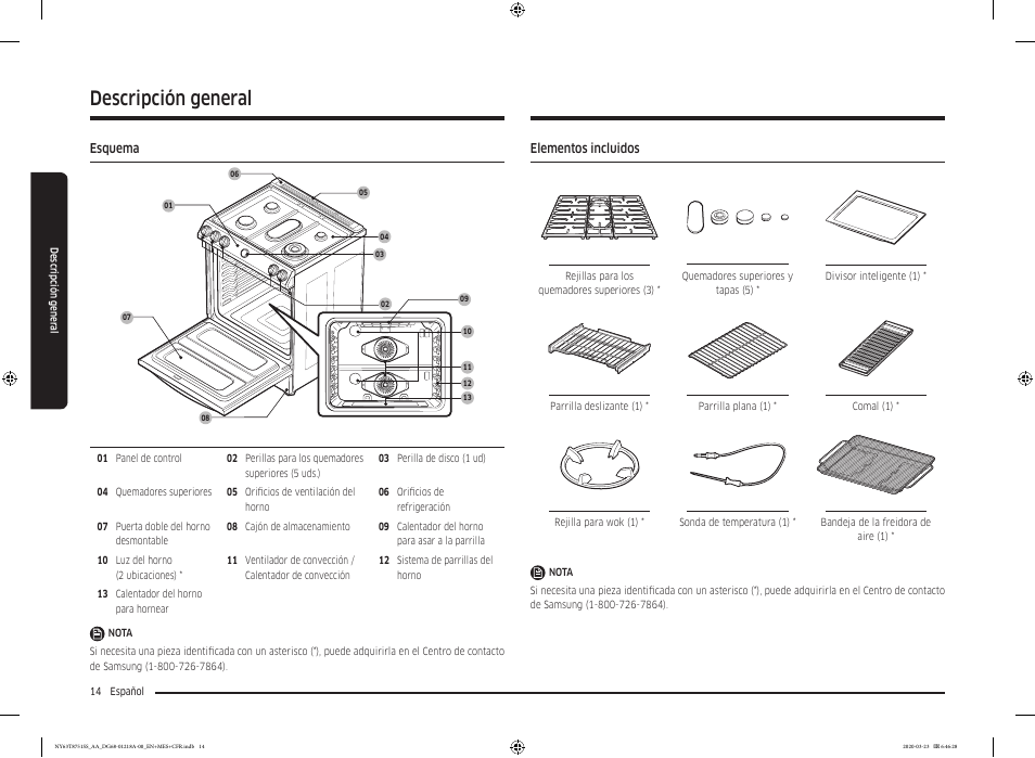 Descripción general, Esquema, Elementos incluidos | Esquema 14 elementos incluidos | Samsung 30 Inch Slide-in Dual Fuel Smart Range Owner Manual User Manual | Page 82 / 204