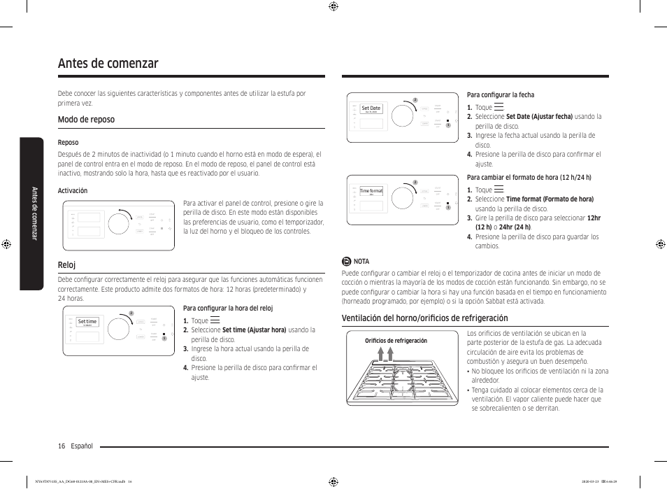 Antes de comenzar, Modo de reposo, Reloj | Ventilación del horno/orificios de refrigeración | Samsung 30 Inch Slide-in Dual Fuel Smart Range Owner Manual User Manual | Page 84 / 204