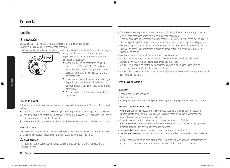 Ignición, Utensilios de cocina, Ignición 18 utensilios de cocina | Cubierta | Samsung 30 Inch Slide-in Dual Fuel Smart Range Owner Manual User Manual | Page 86 / 204