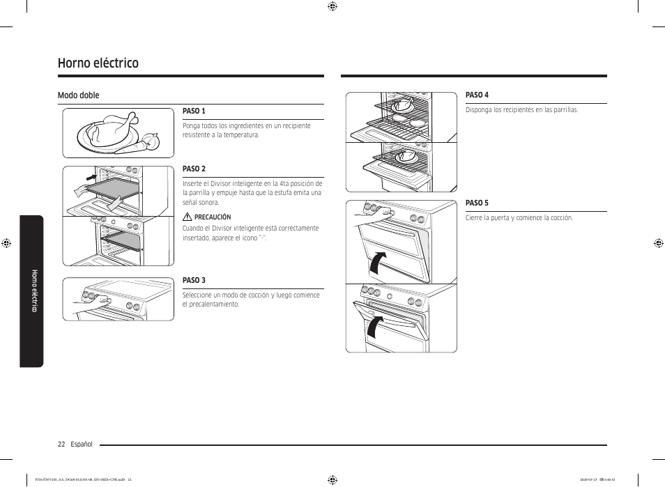 Modo doble, Horno eléctrico | Samsung 30 Inch Slide-in Dual Fuel Smart Range Owner Manual User Manual | Page 90 / 204