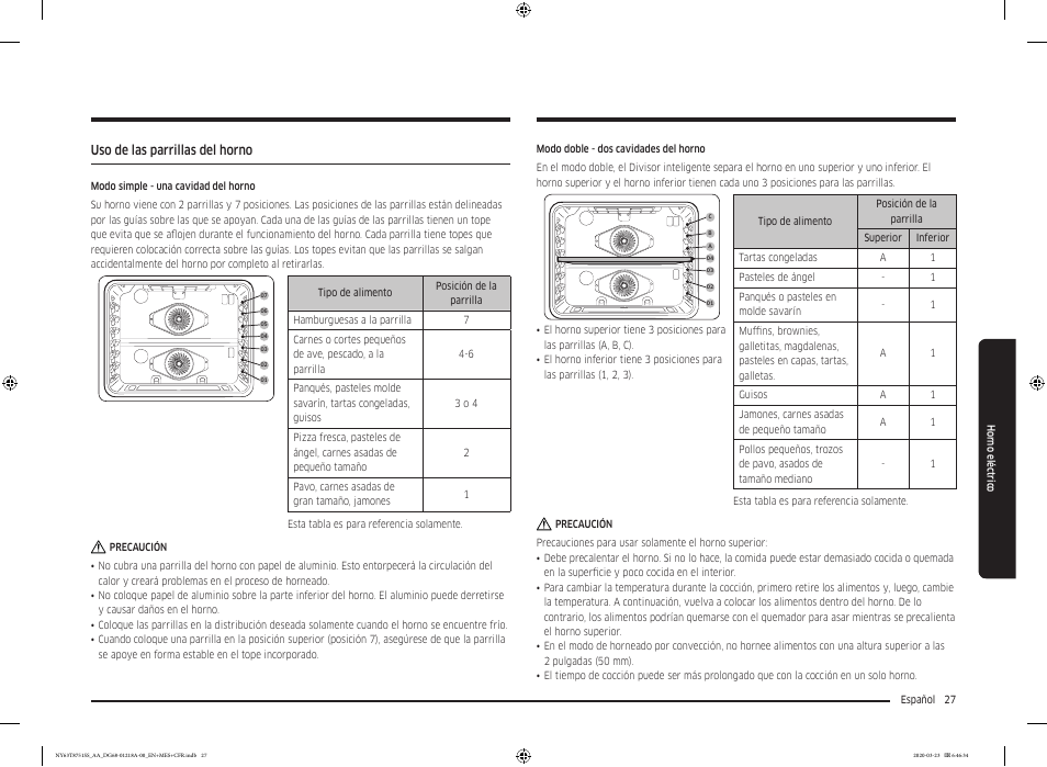 Uso de las parrillas del horno | Samsung 30 Inch Slide-in Dual Fuel Smart Range Owner Manual User Manual | Page 95 / 204