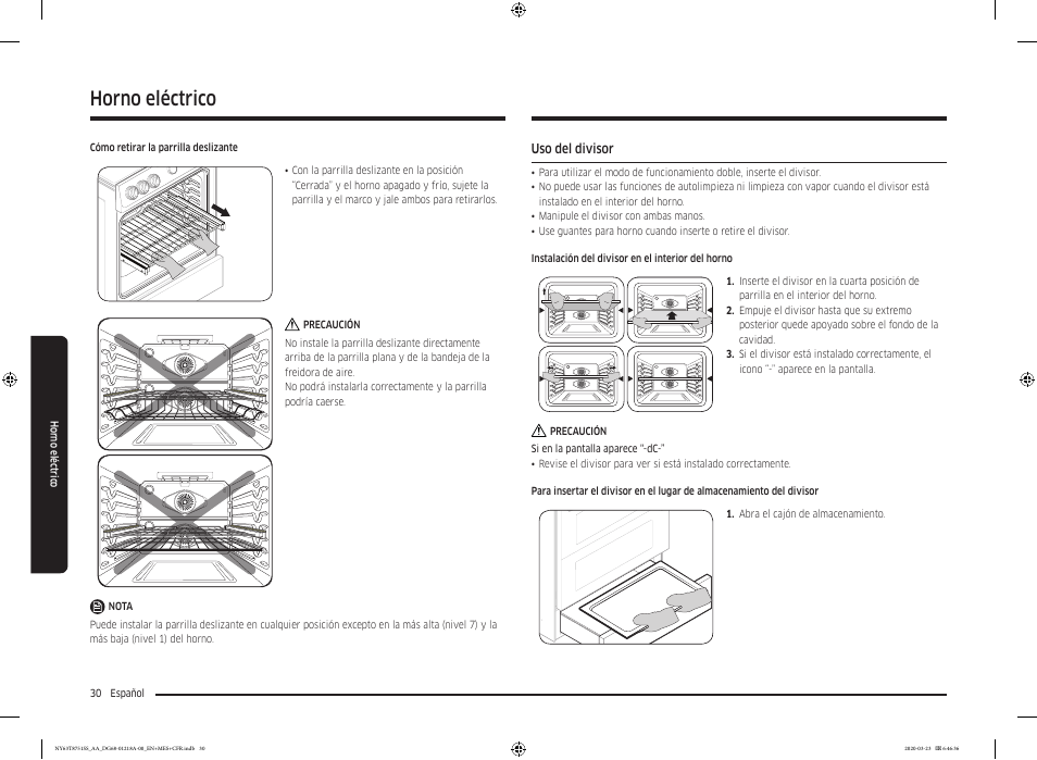 Uso del divisor, Horno eléctrico | Samsung 30 Inch Slide-in Dual Fuel Smart Range Owner Manual User Manual | Page 98 / 204