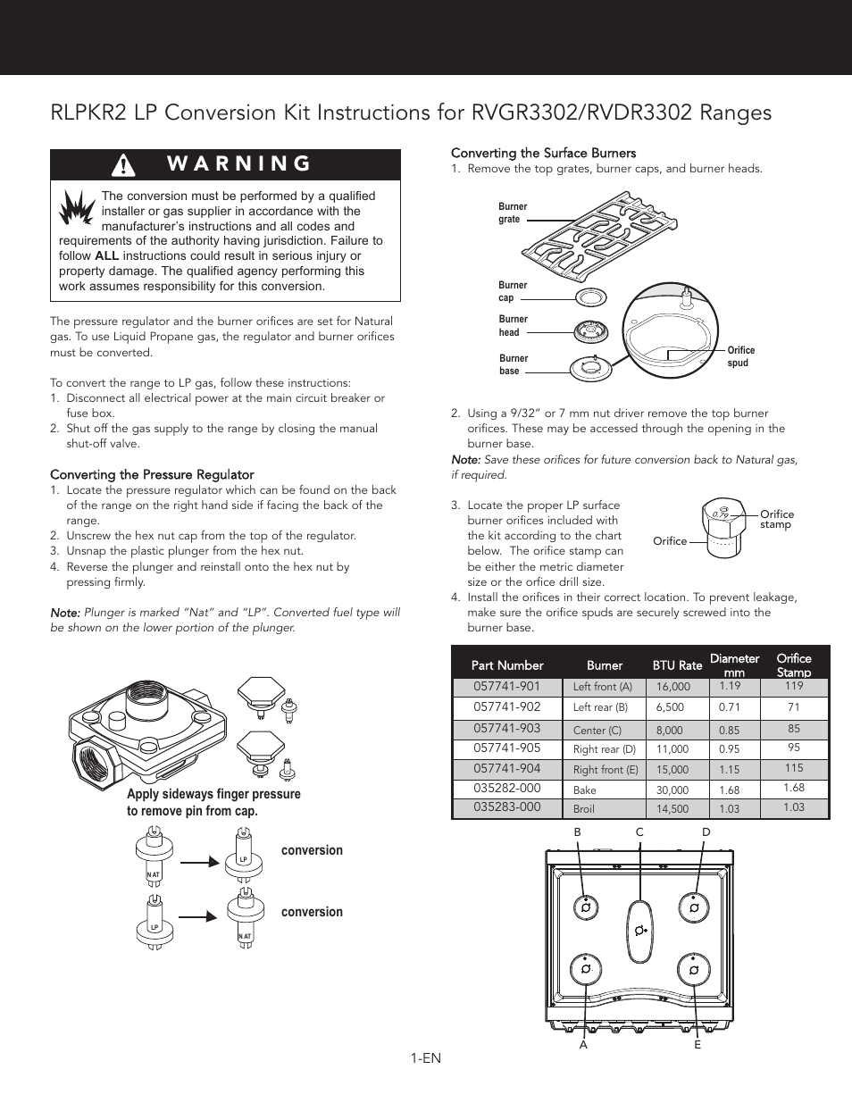 Viking 3 Series 30 Inch Freestanding Gas Range LP/Propane Conversion Kit - RLPKR2 - Installation / Use and Care Instructions User Manual | 8 pages