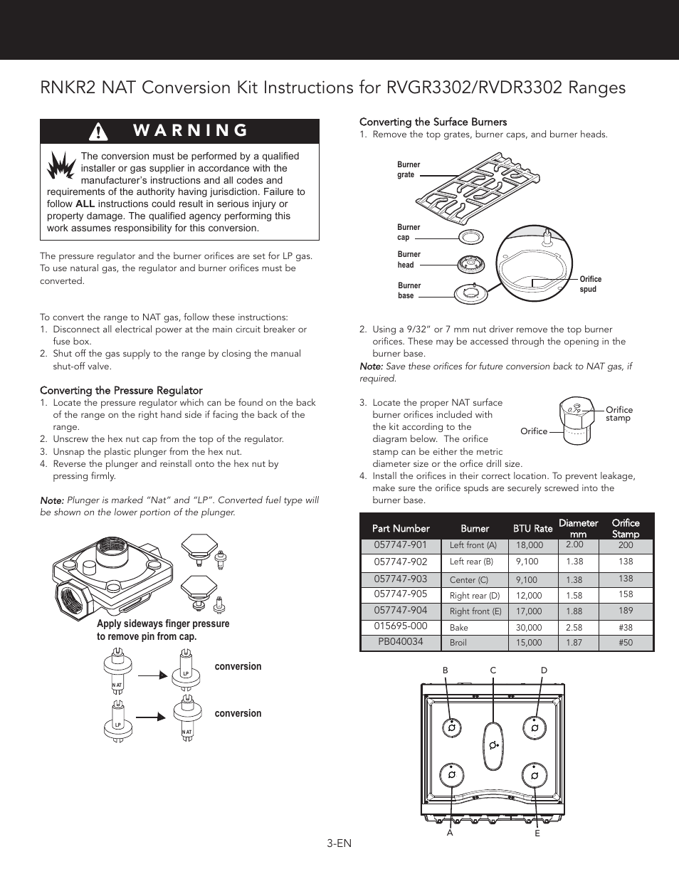 Viking 3 Series 30 Inch Freestanding Gas Range LP/Propane Conversion Kit - RLPKR2 - Installation / Use and Care Instructions User Manual | Page 3 / 8