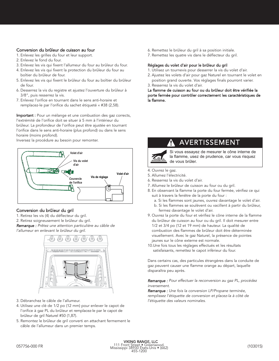 Avertissement | Viking 3 Series 30 Inch Freestanding Gas Range LP/Propane Conversion Kit - RLPKR2 - Installation / Use and Care Instructions User Manual | Page 8 / 8