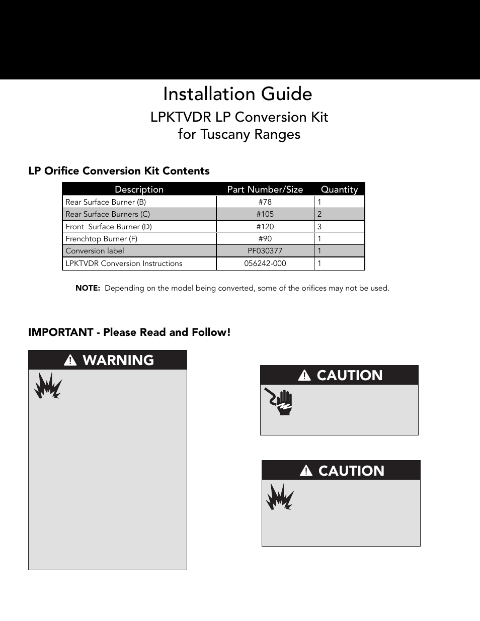 Viking Tuscany Series 66 Inch Freestanding Gas Range LP Conversion Kit Instructions User Manual | 8 pages