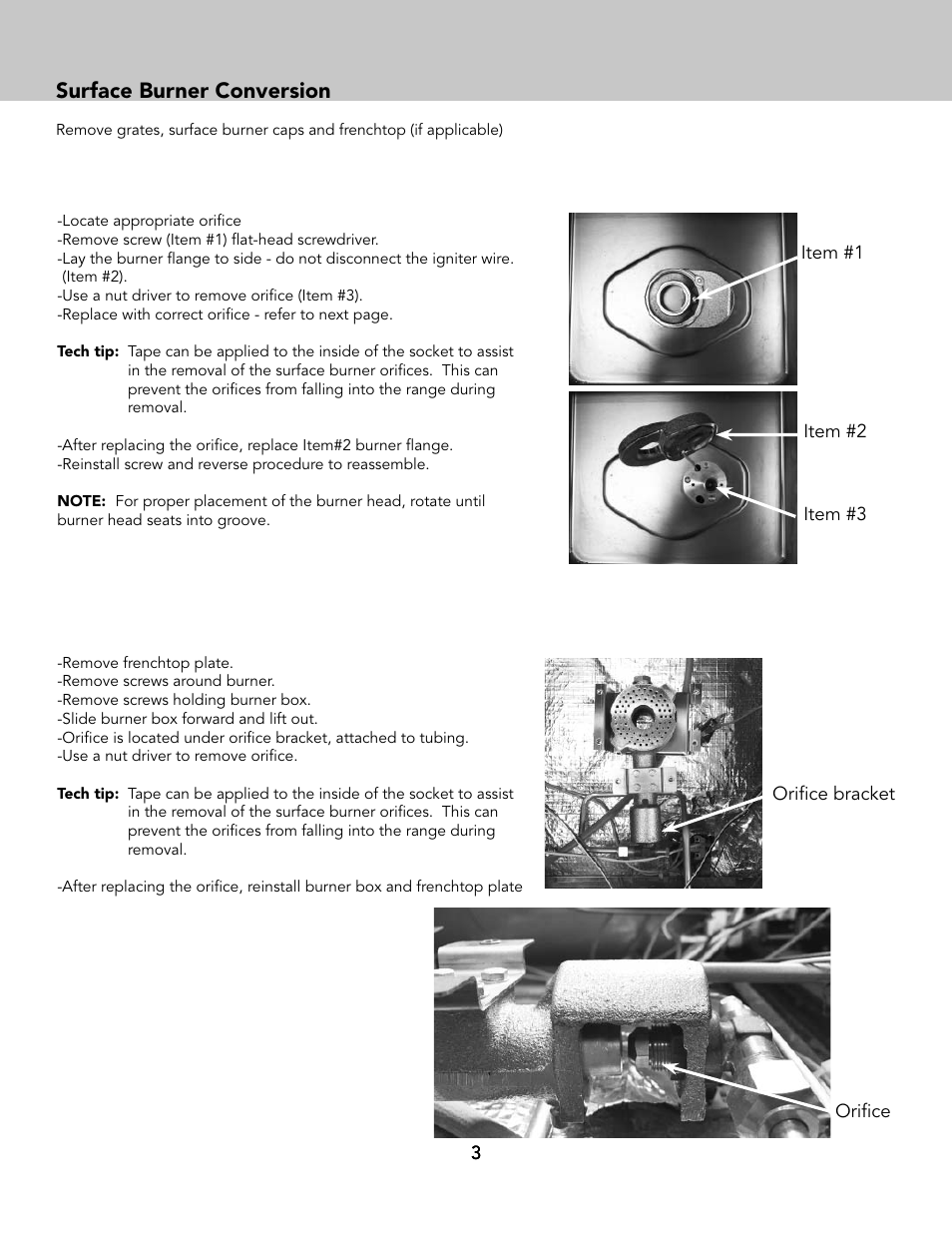 Surface burner conversion | Viking Tuscany Series 66 Inch Freestanding Gas Range LP Conversion Kit Instructions User Manual | Page 3 / 8