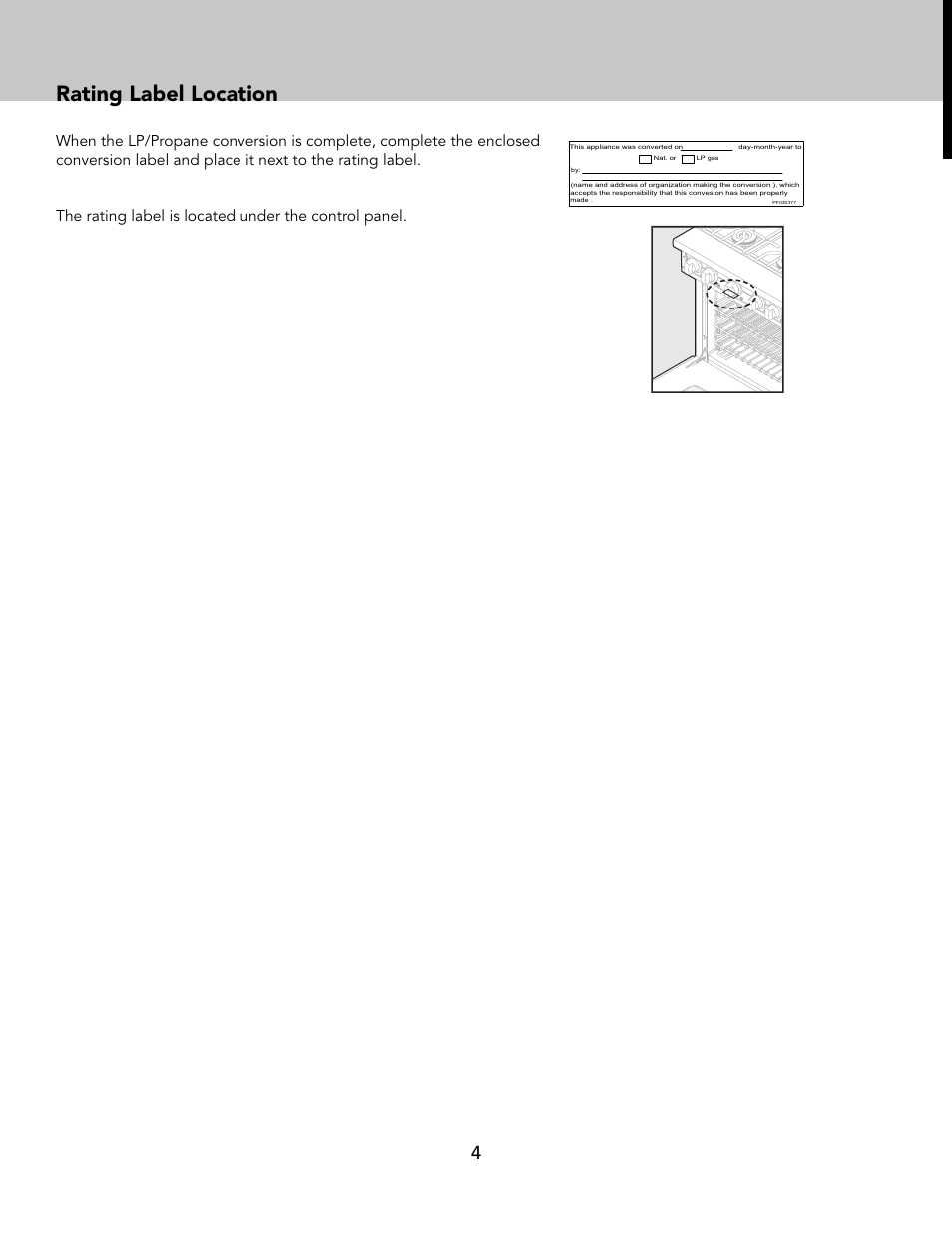 Rating label location | Viking Tuscany Series 66 Inch Freestanding Gas Range LP Conversion Kit Instructions User Manual | Page 4 / 8