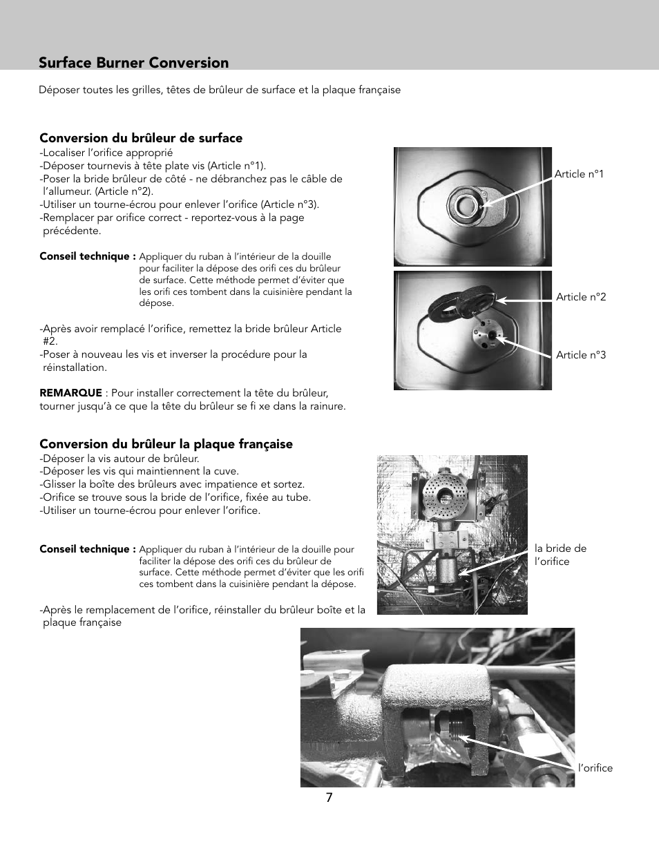 Surface burner conversion | Viking Tuscany Series 66 Inch Freestanding Gas Range LP Conversion Kit Instructions User Manual | Page 7 / 8