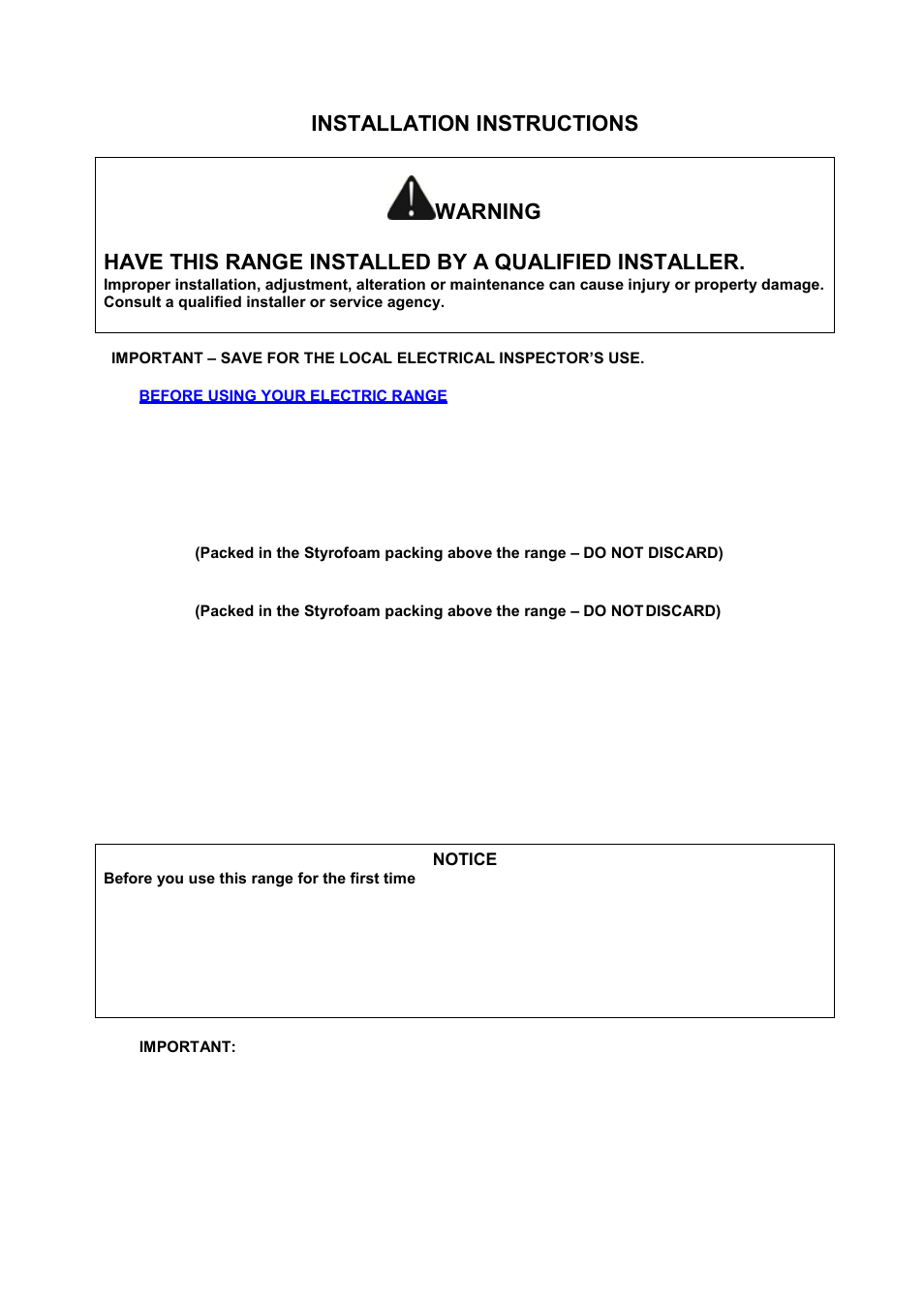 Installation instructions | Avanti 20 Inch Electric Range Installation Guide User Manual | Page 10 / 68