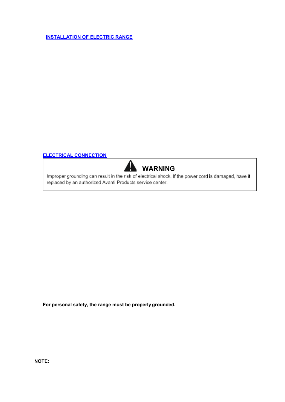 Warning | Avanti 20 Inch Electric Range Installation Guide User Manual | Page 12 / 68