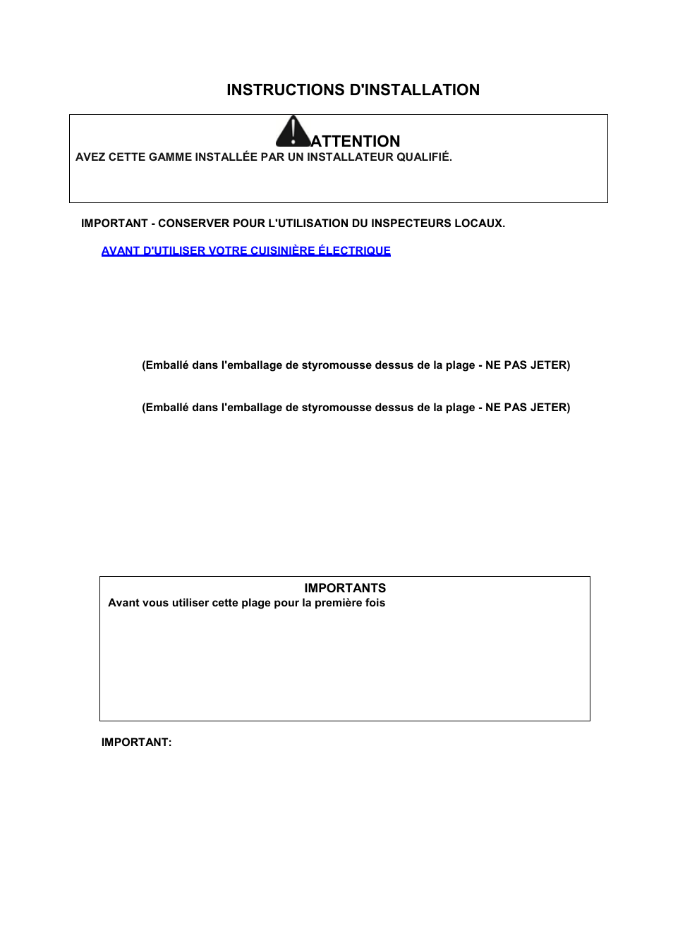 Instructions d'installation, Attention | Avanti 20 Inch Electric Range Installation Guide User Manual | Page 47 / 68
