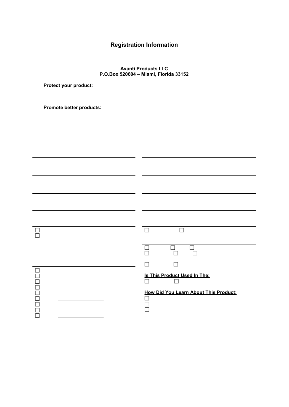 Registration information, Avanti registration card | Avanti 20 Inch Electric Range Installation Guide User Manual | Page 67 / 68