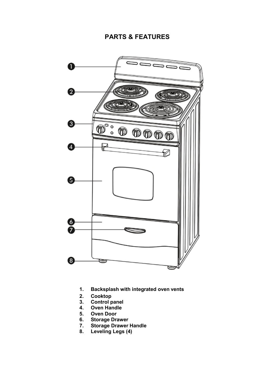 Parts & features | Avanti 20 Inch Electric Range Installation Guide User Manual | Page 7 / 68