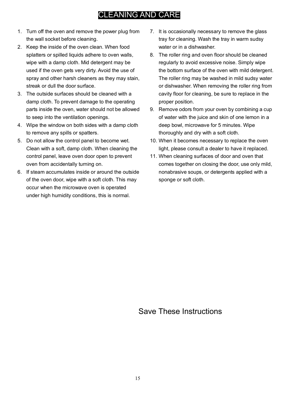 Cleaning and care, Save these instructions | Danby DMW104W User Manual | Page 17 / 19