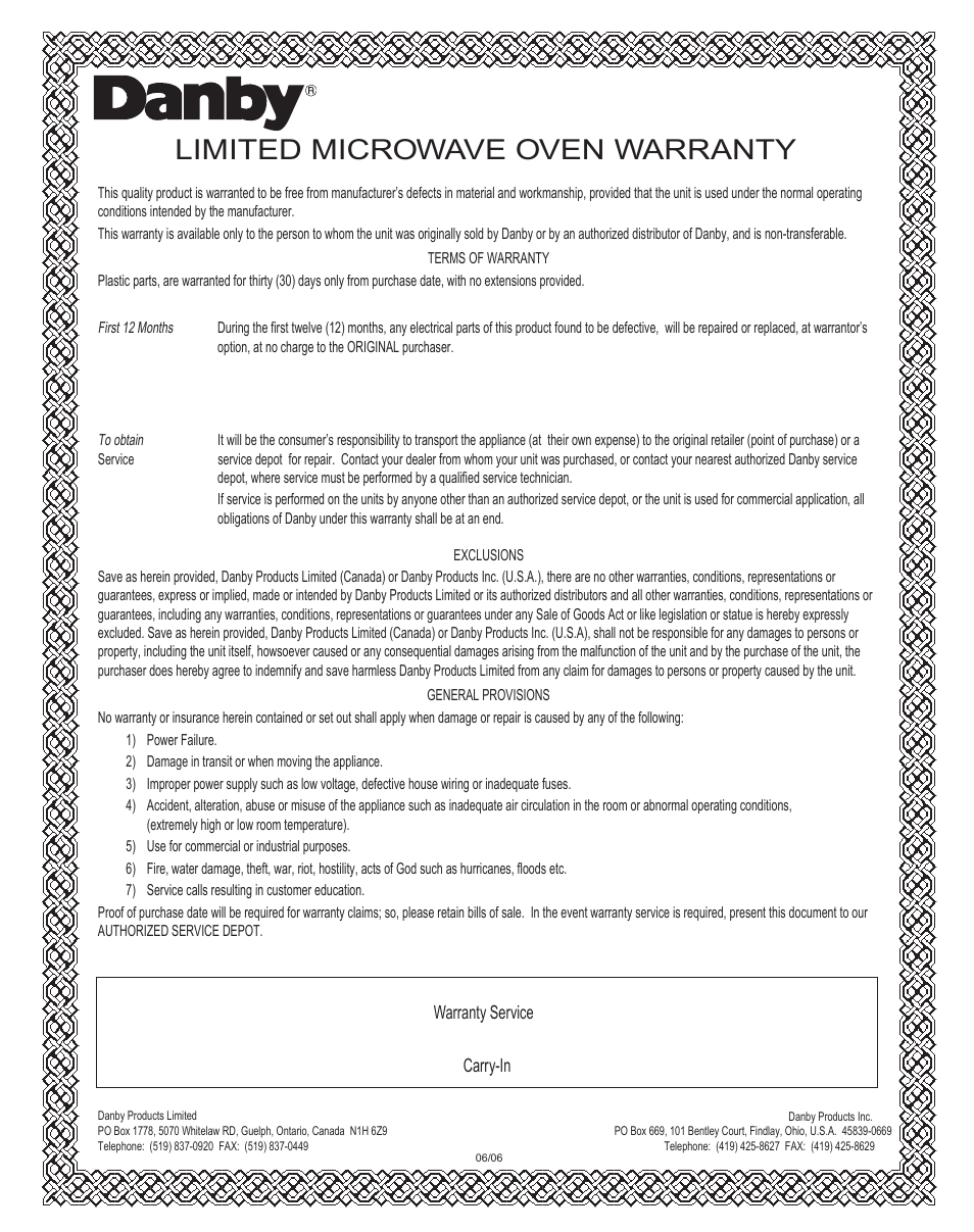 Limited microwave oven warranty | Danby DMW104W User Manual | Page 18 / 19