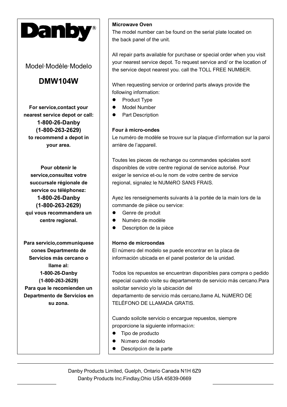 Dmw104w, Model·modèle·modelo | Danby DMW104W User Manual | Page 19 / 19