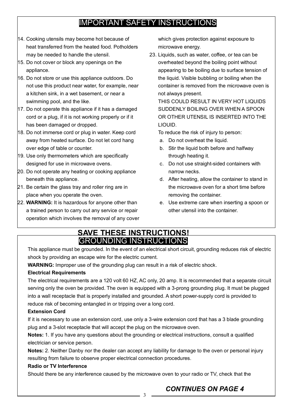 Important safety instructions, Save these instructions, Grounding instructions | Continues on page 4 | Danby DMW104W User Manual | Page 5 / 19