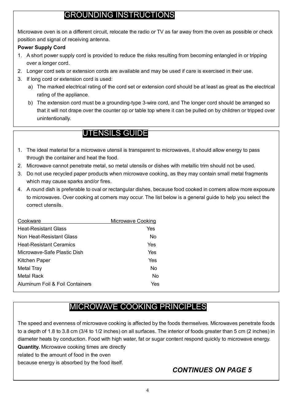 Grounding instructions, Utensils guide, Microwave cooking principles | Continues on page 5 | Danby DMW104W User Manual | Page 6 / 19