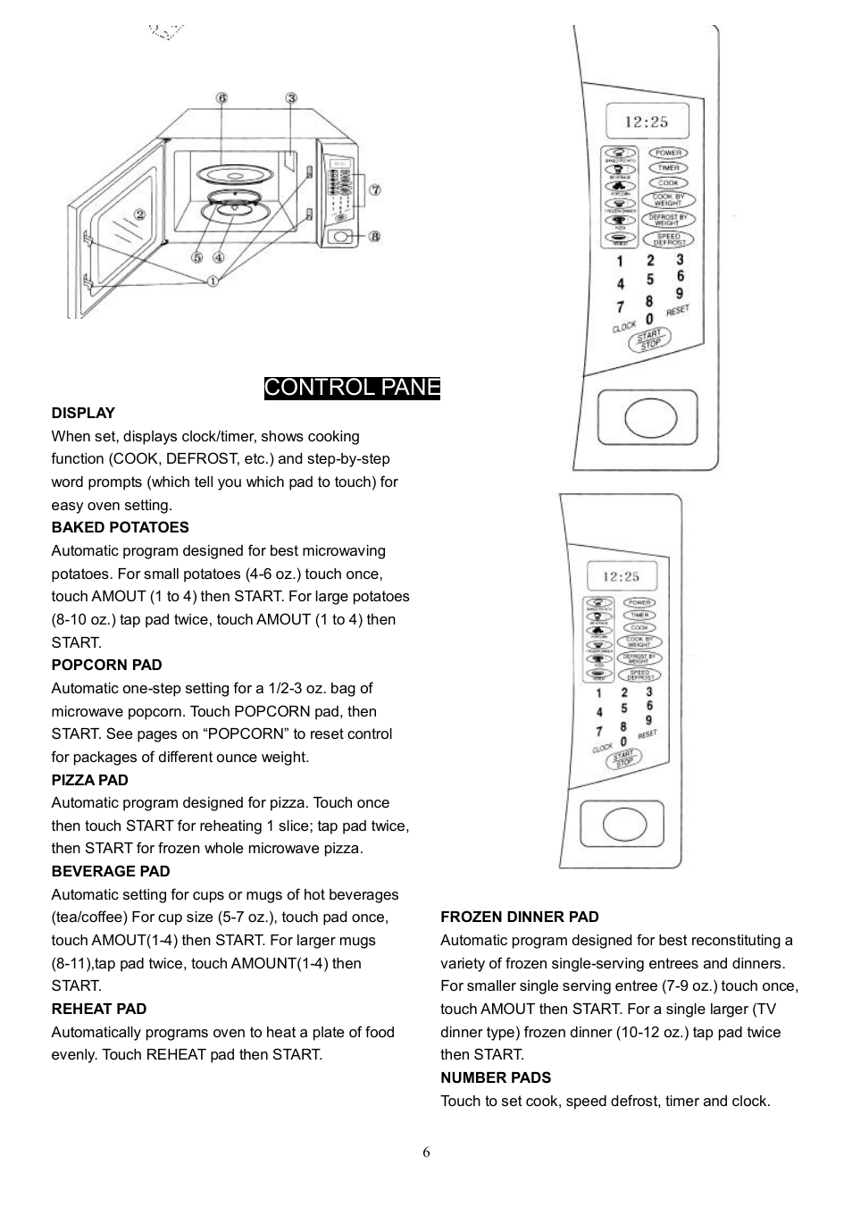 Part names, Control panel | Danby DMW104W User Manual | Page 8 / 19