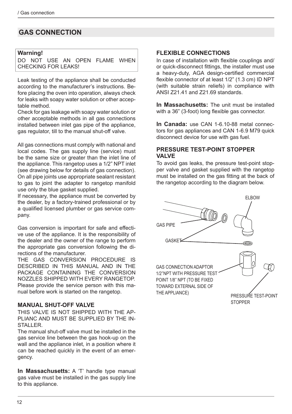 Gas connection | Bertazzoni Master Series 36 Inch Gas Rangetop Installation, Use & Care Manual User Manual | Page 12 / 60