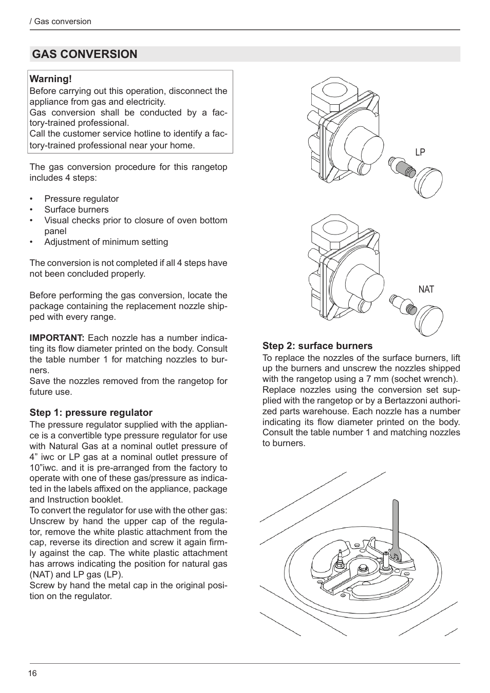 Gas conversion | Bertazzoni Master Series 36 Inch Gas Rangetop Installation, Use & Care Manual User Manual | Page 16 / 60