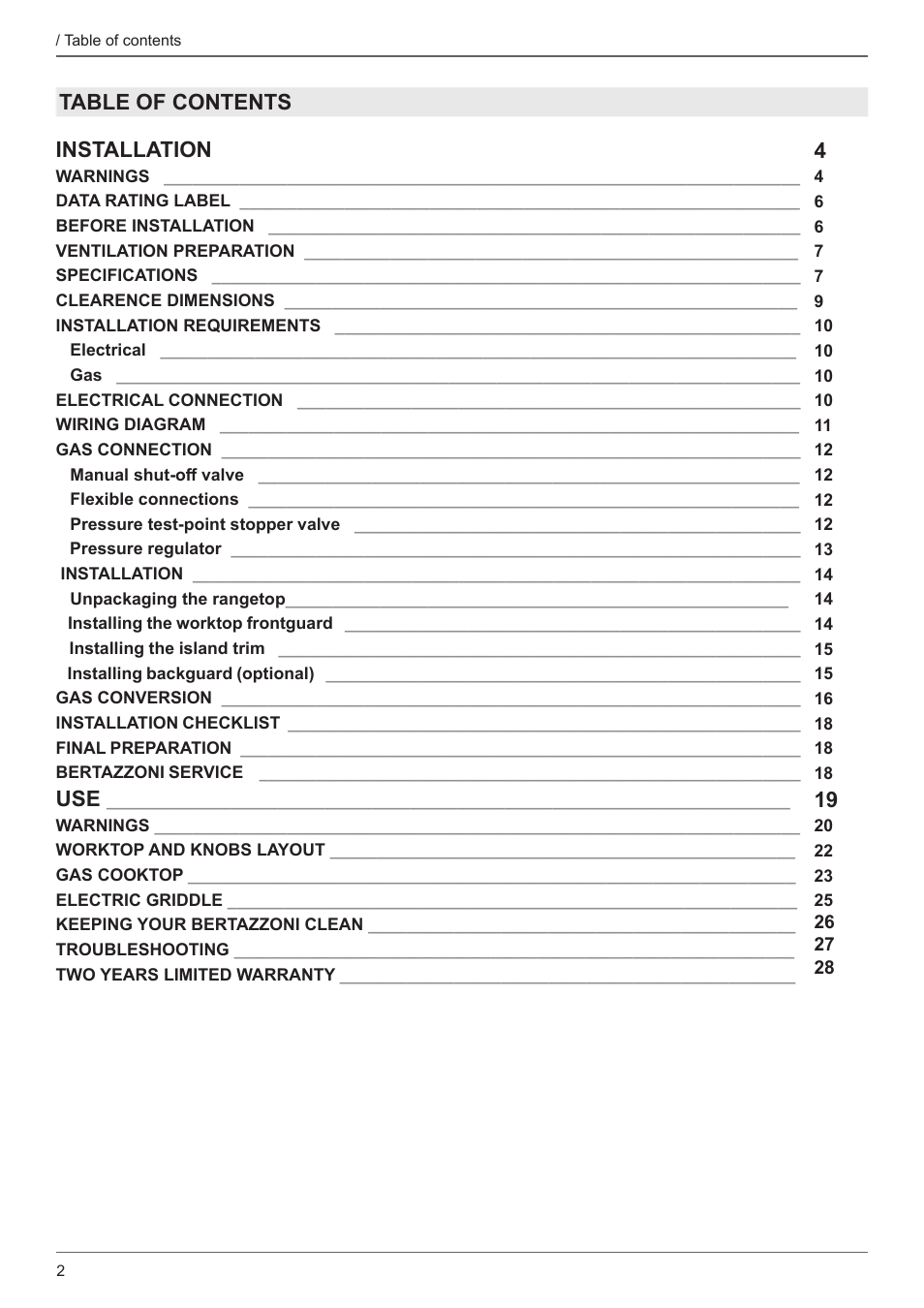 Table of contents installation | Bertazzoni Master Series 36 Inch Gas Rangetop Installation, Use & Care Manual User Manual | Page 2 / 60