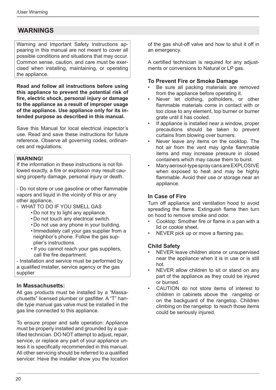 Warnings | Bertazzoni Master Series 36 Inch Gas Rangetop Installation, Use & Care Manual User Manual | Page 20 / 60