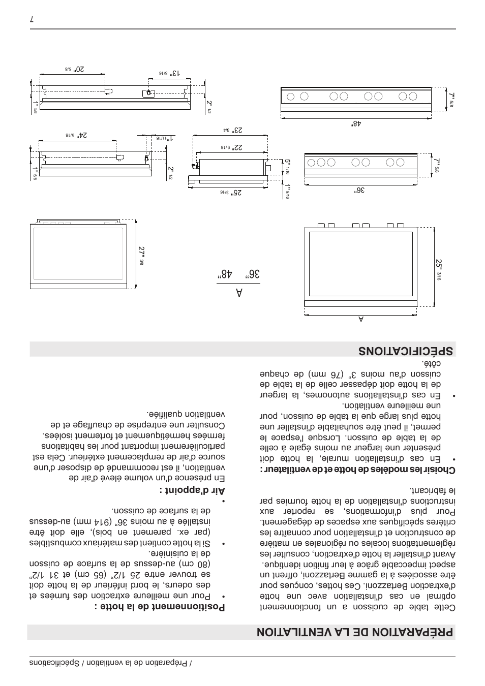 Choisir les modèles de hotte et de ventilateur, Positionnement de la hotte, Air d'appoint | Bertazzoni Master Series 36 Inch Gas Rangetop Installation, Use & Care Manual User Manual | Page 54 / 60