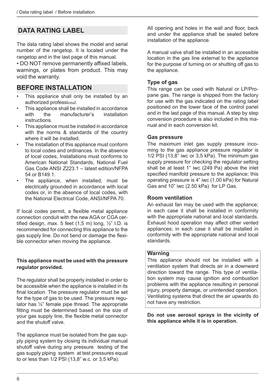 Data rating label before installation | Bertazzoni Master Series 36 Inch Gas Rangetop Installation, Use & Care Manual User Manual | Page 6 / 60