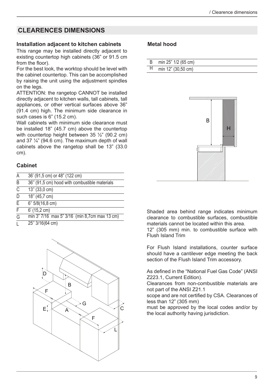 Clearences dimensions | Bertazzoni Master Series 36 Inch Gas Rangetop Installation, Use & Care Manual User Manual | Page 9 / 60