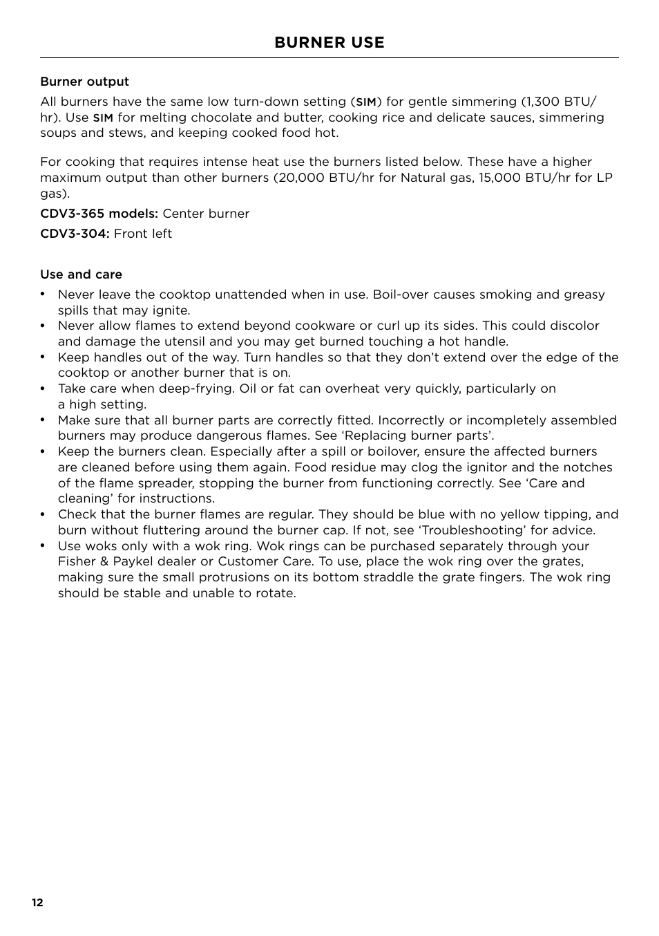 Burner use, For gentle simmering (1,300 btu/ hr). use | Fisher & Paykel Series 7 Professional Series 36 Inch Gas Cooktop User Guide User Manual | Page 12 / 40