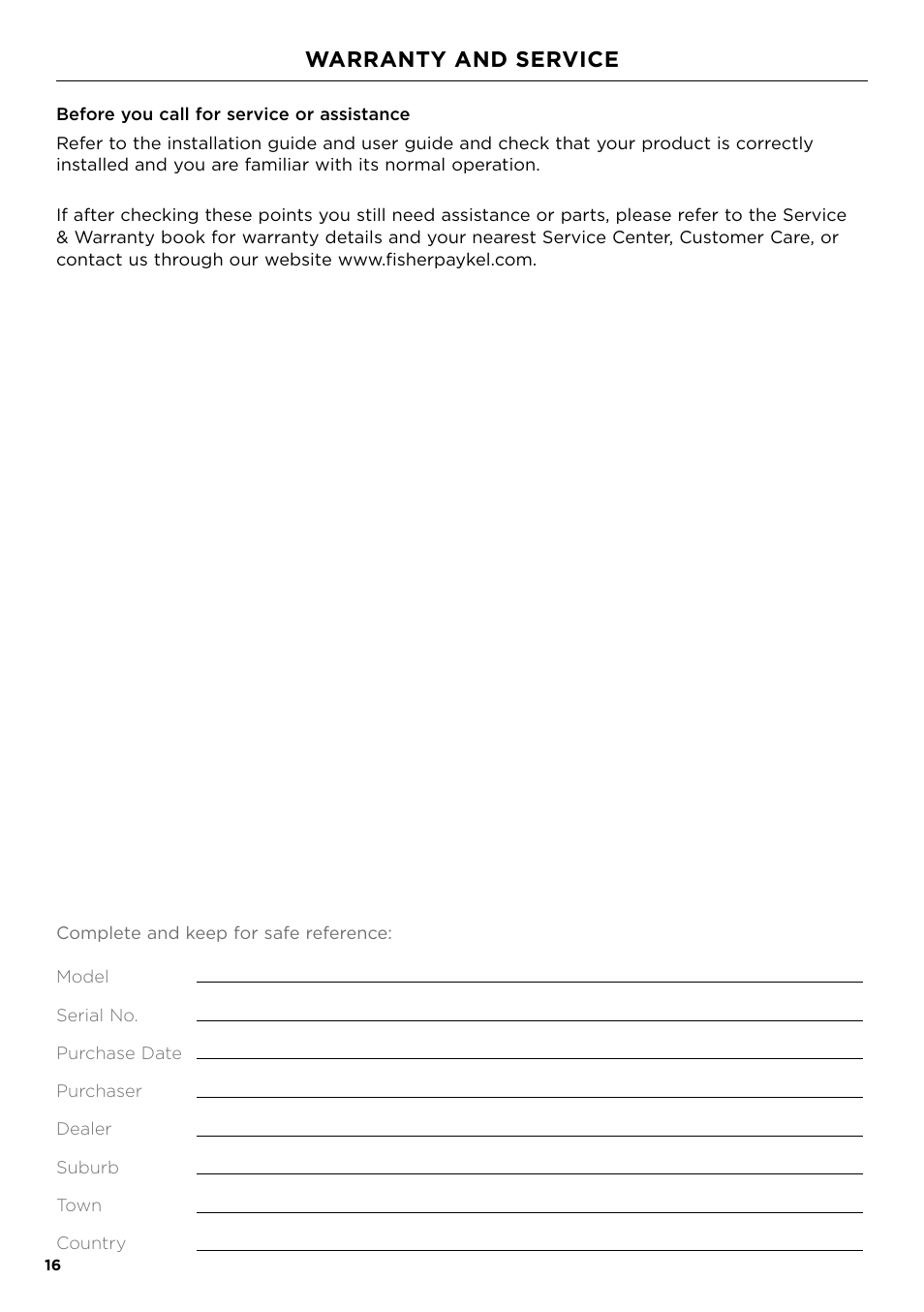 Warranty and service | Fisher & Paykel Series 7 Professional Series 36 Inch Gas Cooktop User Guide User Manual | Page 16 / 40