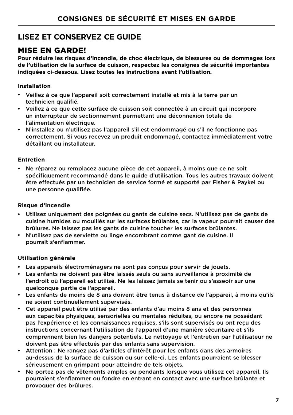 Lisez et conservez ce guide mise en garde, Consignes de sécurité et mises en garde | Fisher & Paykel Series 7 Professional Series 36 Inch Gas Cooktop User Guide User Manual | Page 27 / 40