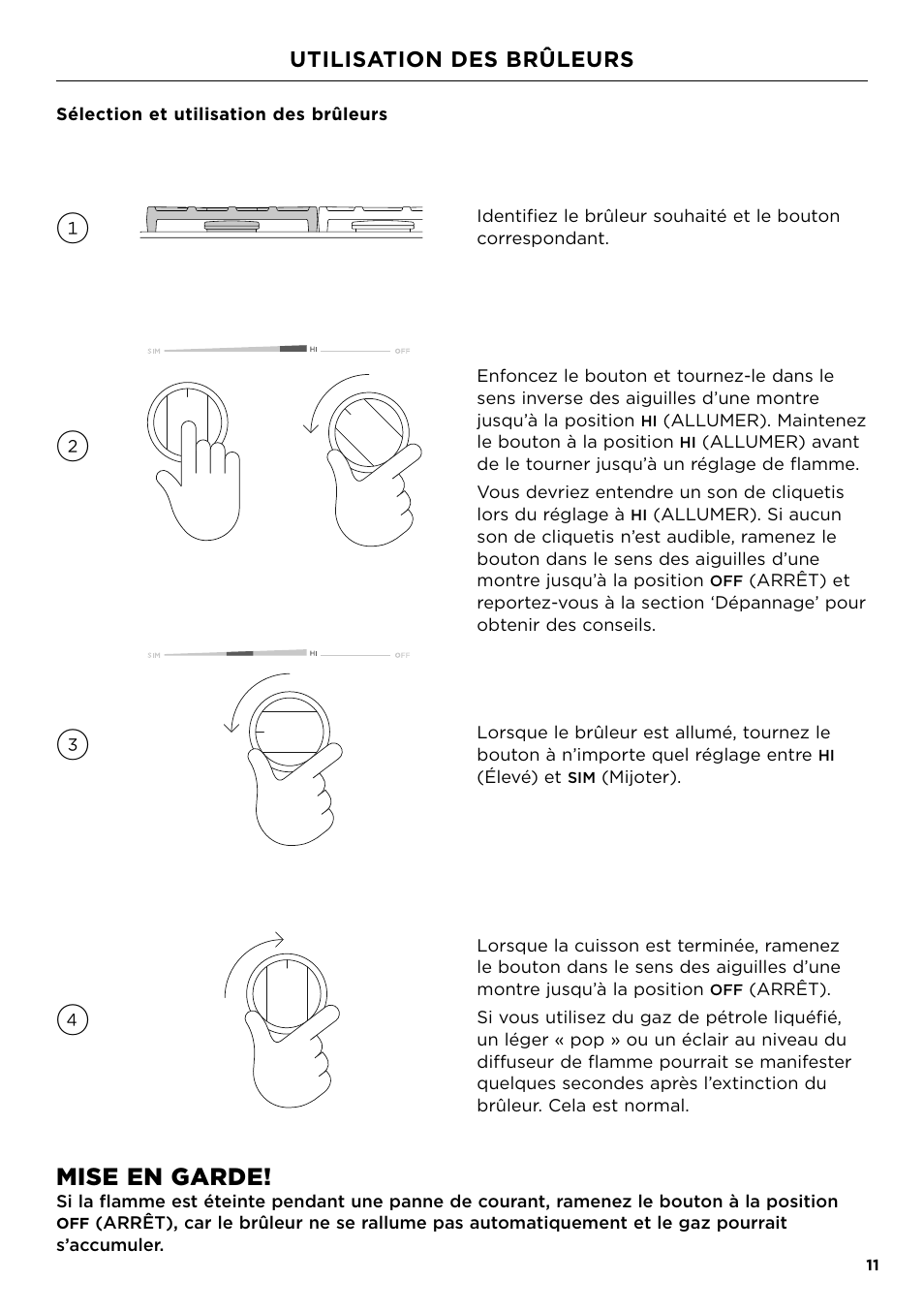 Utilisation des brûleurs, Mise en garde | Fisher & Paykel Series 7 Professional Series 36 Inch Gas Cooktop User Guide User Manual | Page 31 / 40