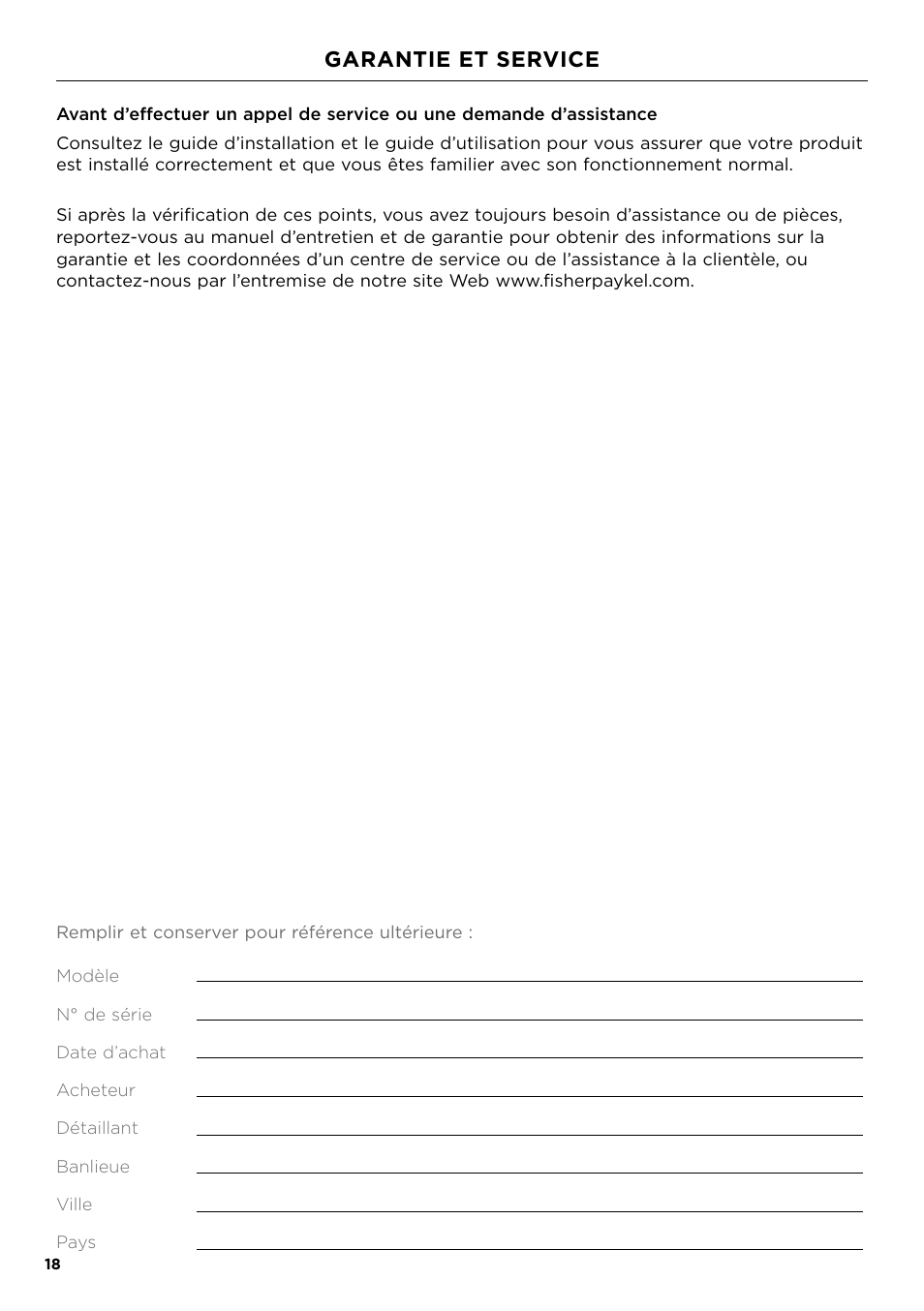 Garantie et service | Fisher & Paykel Series 7 Professional Series 36 Inch Gas Cooktop User Guide User Manual | Page 38 / 40