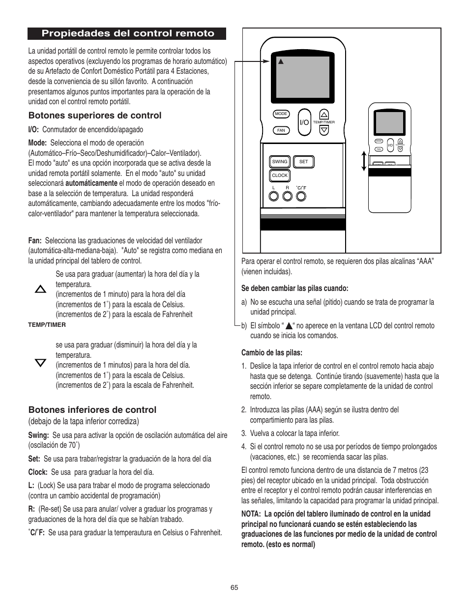 Propiedades del control remoto, Botones superiores de control | Danby SPAC8499 User Manual | Page 12 / 71