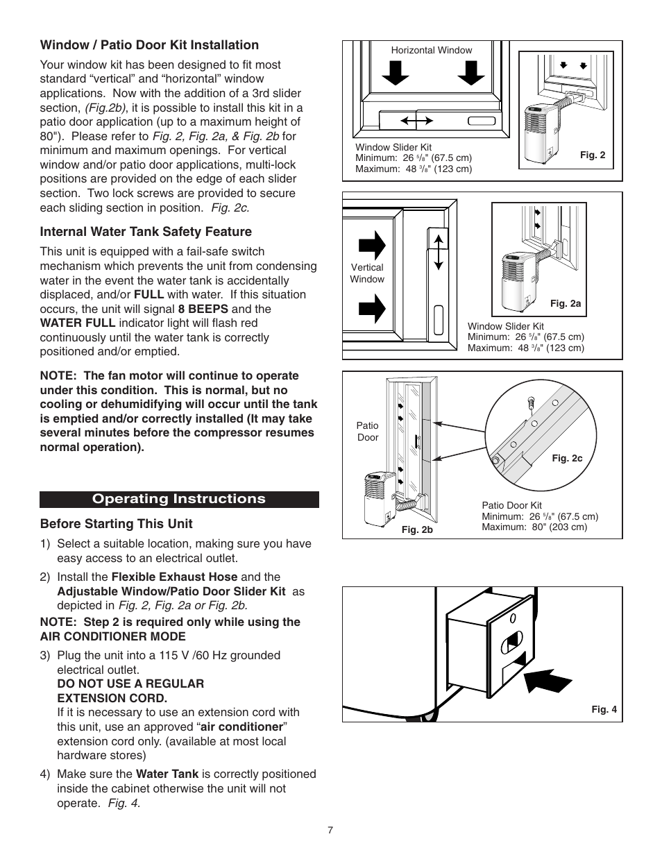 Window / patio door kit installation, Internal water tank safety feature, Operating instructions before starting this unit | Danby SPAC8499 User Manual | Page 15 / 71