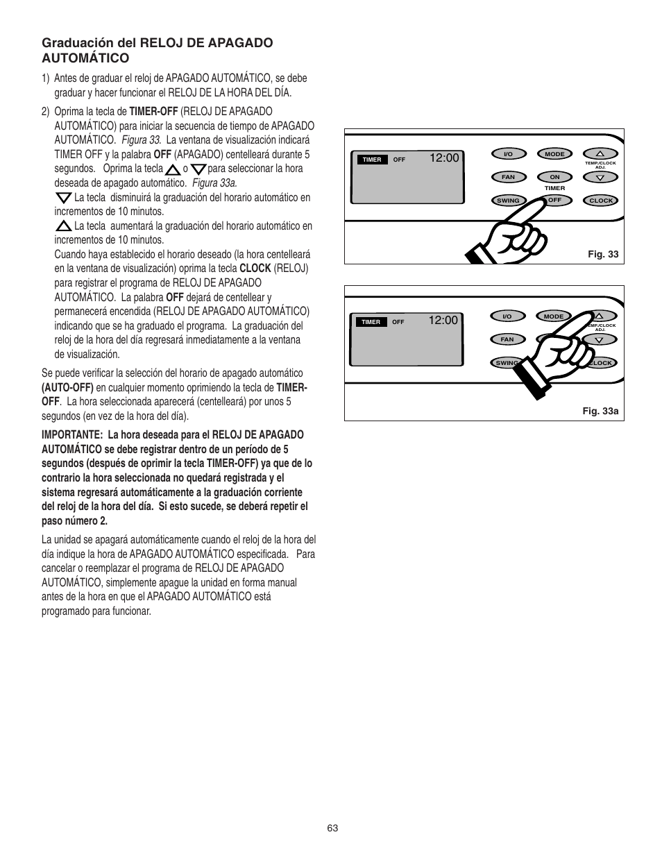 Graduación del reloj de apagado automático, Fig. 33, Fig. 33a 63 | Danby SPAC8499 User Manual | Page 16 / 71