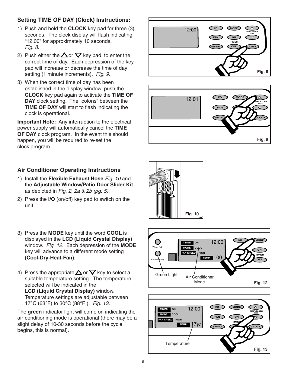 Setting time of day (clock) instructions, Air conditioner operating instructions, 17¡c | Fig. 10 9, Fig. 8, Fig. 9, Fig. 12 green light air conditioner mode, Fig. 13 temperature | Danby SPAC8499 User Manual | Page 19 / 71