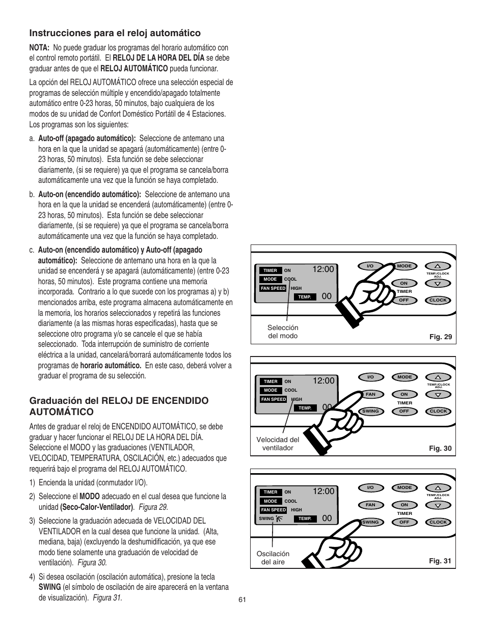 Instrucciones para el reloj automático, Graduación del reloj de encendido automático, Fig. 29 | Fig. 30 | Danby SPAC8499 User Manual | Page 20 / 71