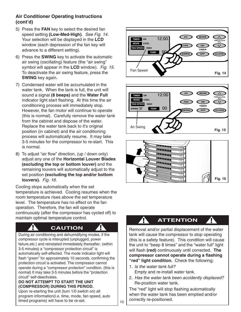 Air conditioner operating instructions (cont’d), Caution, Attention | Danby SPAC8499 User Manual | Page 22 / 71