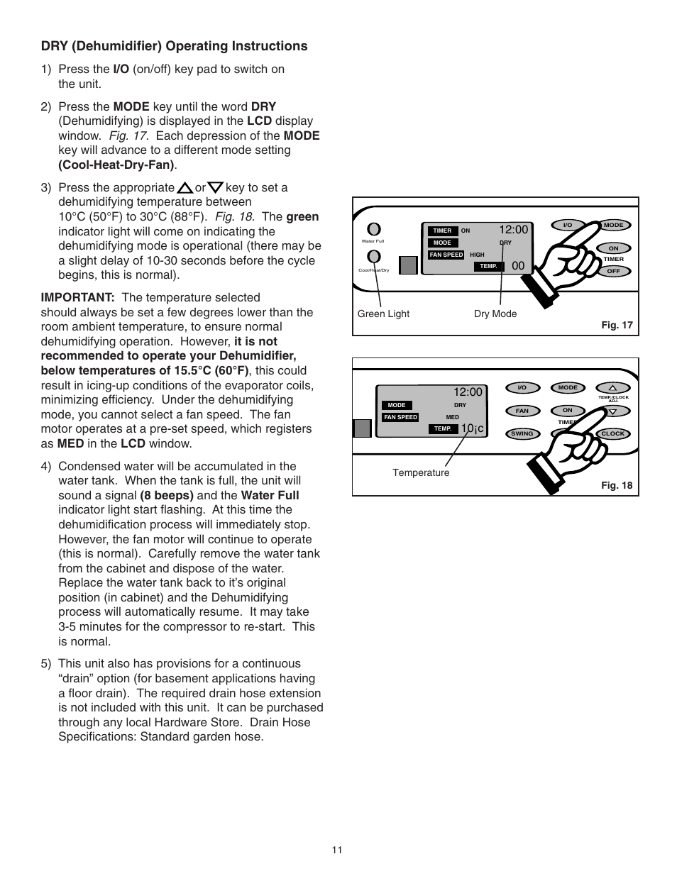 Dry (dehumidifier) operating instructions, 10¡c | Danby SPAC8499 User Manual | Page 23 / 71