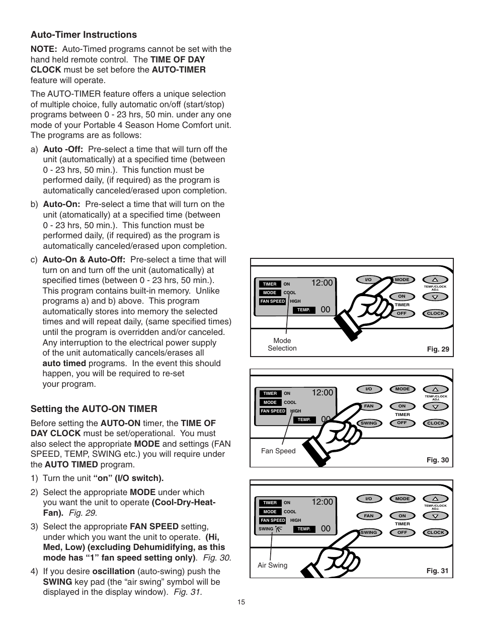 Auto-timer instructions, Setting the auto-on timer, Fig. 29 | Fig. 30, Fig. 31 air swing mode selection fan speed | Danby SPAC8499 User Manual | Page 31 / 71