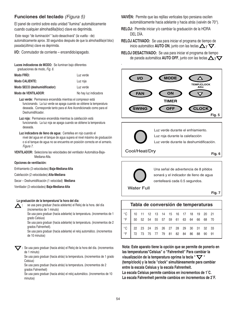 Funciones del teclado (figura 5), Tabla de conversión de temperaturas | Danby SPAC8499 User Manual | Page 33 / 71