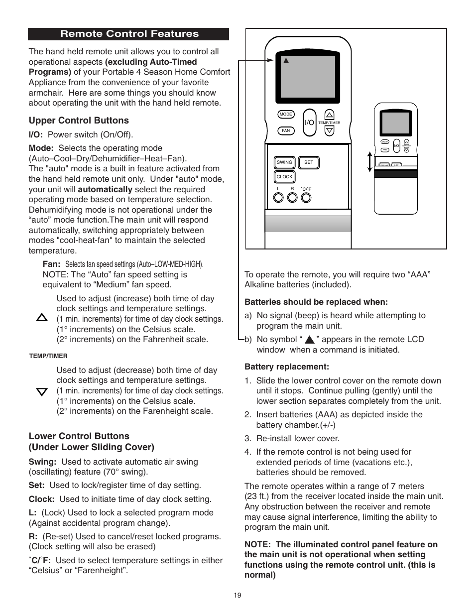 Remote control features, Upper control buttons, Lower control buttons (under lower sliding cover) | Danby SPAC8499 User Manual | Page 39 / 71